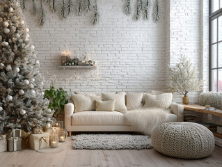 Elegant white Christmas living room with decorated tree white brick wall and cozy neutral decor