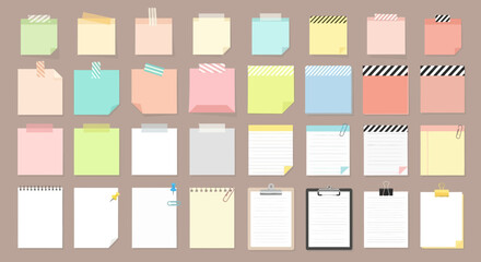Vibrant vector collection of minimalist sticky notes, memo pads, and blank paper sheets in diverse colors and patterns for digital organization, planning, and graphic design projects