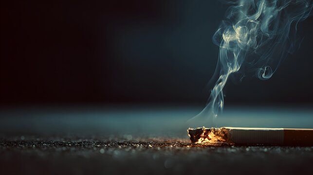 A single lit cigarette smoldering on a dark surface with smoke rising into the air.