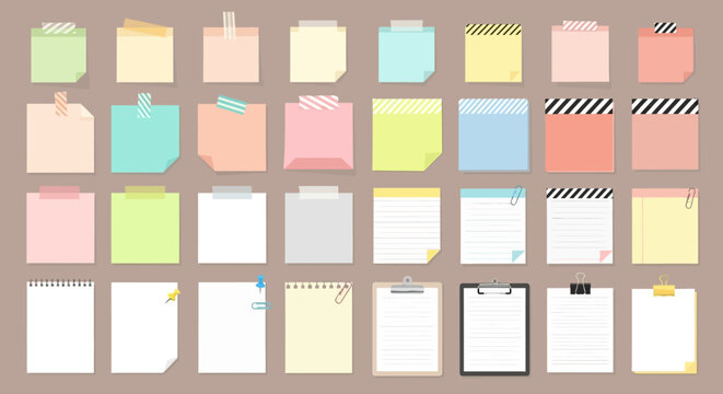 Vibrant vector collection of minimalist sticky notes, memo pads, and blank paper sheets in diverse colors and patterns for digital organization, planning, and graphic design projects