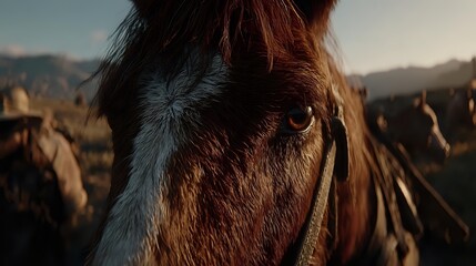 Close-up of brown horse with white blaze marking on face against blurred mountain landscape background at golden hour, showing one eye and partial face.