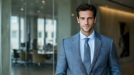 Fototapeta premium Confident young businessman in blue suit standing in modern office corridor, representing corporate success and professional leadership.