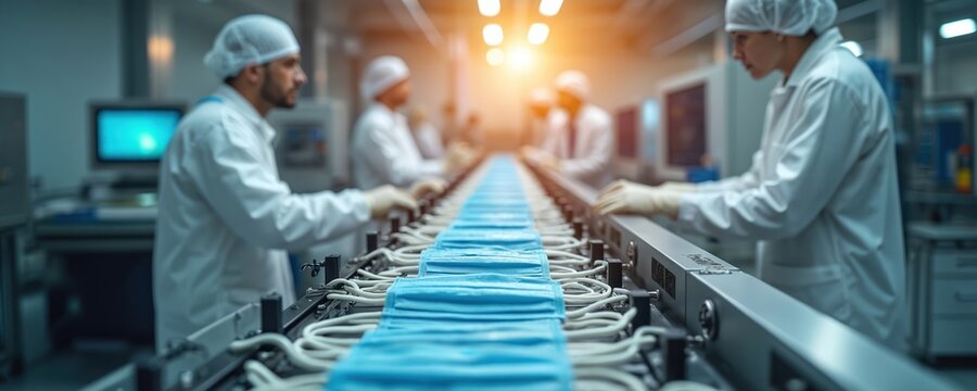 Factory workers in sterile gear produce medical face masks on an assembly line. Scientists check equipment in a clean room facility. People work together on production.