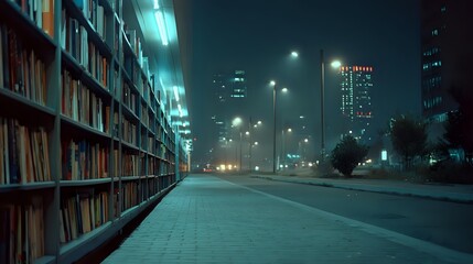 Fototapeta premium Quiet urban library with bookshelves alongside empty street at night, illuminated by city lights and skyscrapers in foggy atmosphere.