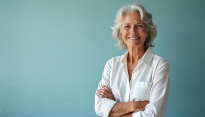 Happy senior woman smiles. Portrait of elegant adult lady wearing white shirt. Cheerful mature female with crossed arms against the blue backdrop. Beautiful person with grey hair.