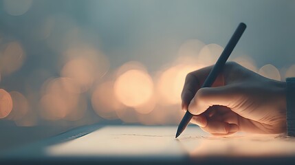 Hand writing with stylus on digital tablet against soft bokeh background, creating atmospheric workspace mood for creative professionals.