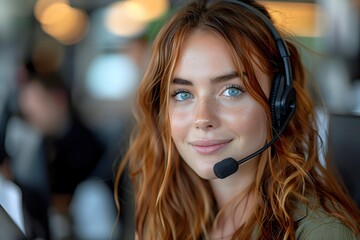 Young redhead woman with blue eyes wearing headset in customer service role, smiling confidently in modern office environment.