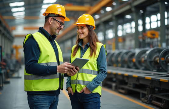 Factory worker and manager discuss project using tablet computer. Man trains woman on machinery operation in industrial metalwork plant. Teamwork, safety, production. - Powered by Adobe