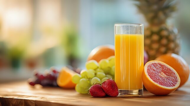 Fresh orange juice in glass surrounded by colorful fruits including pineapple, grapes, strawberries, and grapefruit on wooden surface with soft background light.