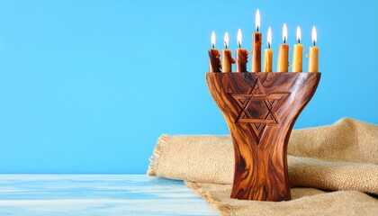 A wooden menorah with lit candles stands on a table with burlap fabric against a blue background.