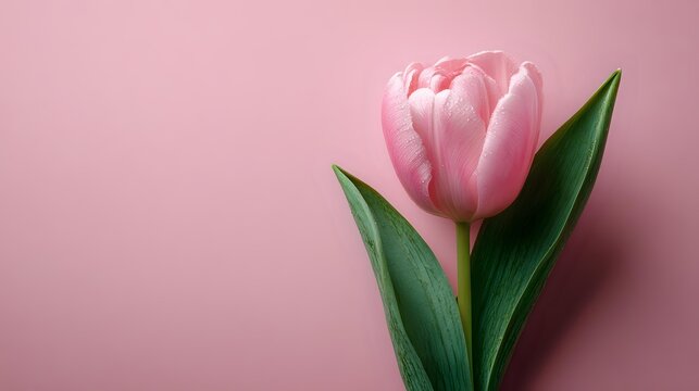 Single pink tulip with green leaves against soft pink background, creating minimalist floral composition for greeting cards or spring themes.