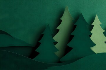 Handcrafted paper cut forest scene with layered green pine trees creating depth and dimension on textured background. Perfect for holiday designs.