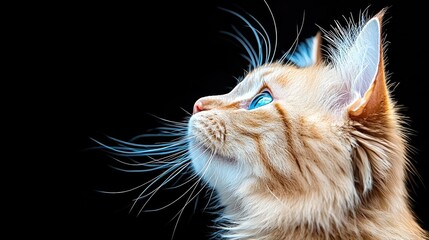 Close-up profile of an orange tabby cat with striking blue eyes and long whiskers, set against a dark background with dramatic lighting.