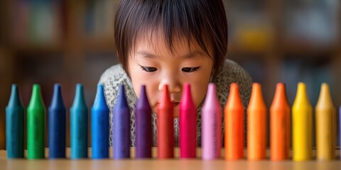 Young child focusing on colorful crayons for creative learning