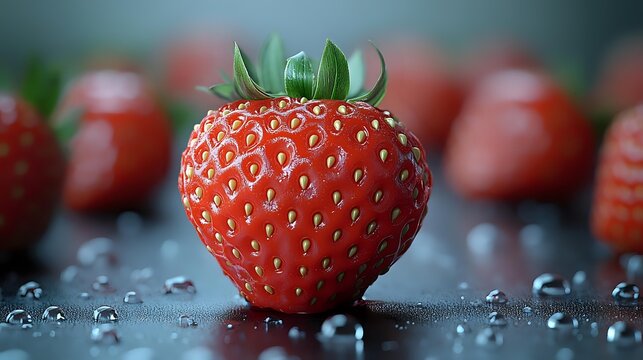 Fresh ripe strawberry with water droplets on dark surface, other berries blurred in background for food photography and healthy eating concepts.