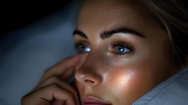 Close-up portrait of young Caucasian woman with glowing skin and natural makeup in soft blue light, perfect for beauty and skincare advertising.