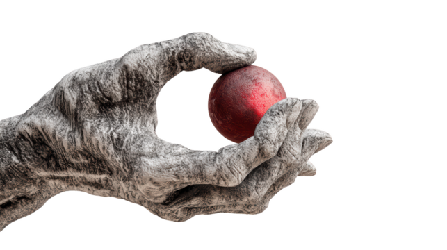 Stone Hand Holding Red Sphere, Abstract Sculpture