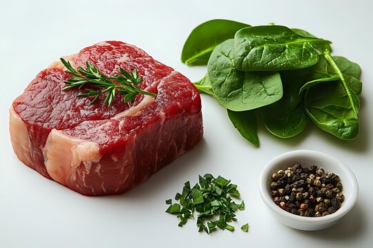 Raw beef steak with rosemary garnish, fresh spinach leaves, chopped herbs, and peppercorns on white background for food photography and culinary content. - Powered by Adobe