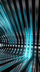 Fototapeta premium Repeated pattern with cold light futuristic aesthetics vertical animation. Evenly spaced curved high-gloss metal ribs with cyan streeam of light illustration