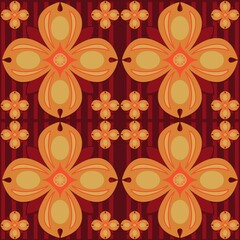 seamless pattern with flowers,orange curves ,painted create to flowershape, leaves, brown background in geometric patterns as sarong,fabric,tile,printed fabric,batik,tablecloth patterns.