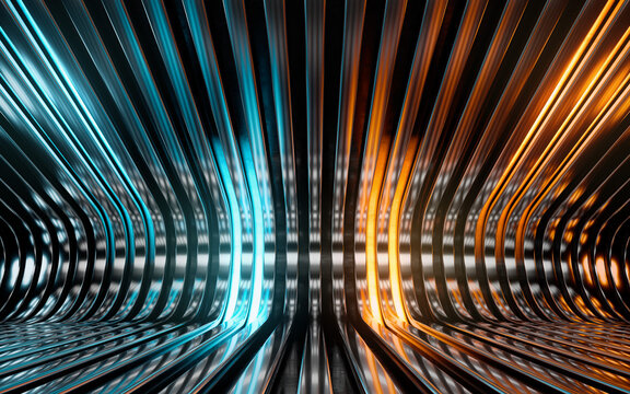 Repeated pattern with cold light futuristic aesthetics vertical animation. Evenly spaced curved high-gloss metal ribs with cyan streeam of light running in motion loop