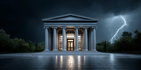 Stormy night fintech disruption at a historic banking institution urban environment dramatic perspective