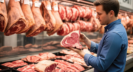 Male butcher inspecting premium cut of meat in a butcher shop, surrounded by various meat selections, showcasing quality groceries and fresh produce for culinary enthusiasts