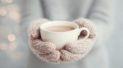 Hands in cozy knitted mittens holding white mug with hot drink against soft bokeh background, creating warm winter atmosphere.