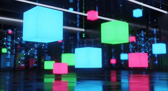 Dynamic networking concept with glowing data cubes and connection points for modern tech business solutions and digital transformation visualizations