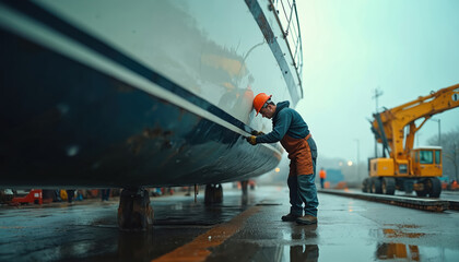 Man repairs boat body using putty, primer. Mechanic works near yacht. Professional in orange helmet sanding damaged area for painting. Ship service worker fixing hull. Outdoors shot of repair