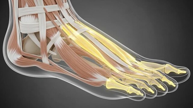 Anatomy of the Human Foot: Extensor Digitorum Brevis Muscle Animation. 3D Medical Illustration Showing Bones