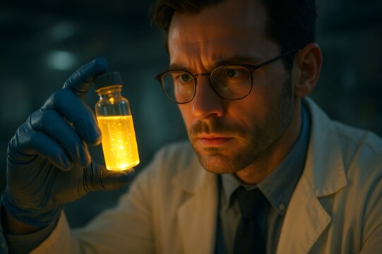 Focused scientist in lab coat and gloves examining a vial containing a bright, shimmering yellow liquid. Research and discovery concept