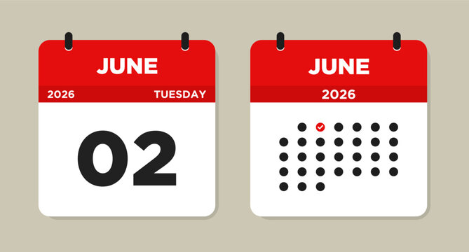 June 2 2026 (Tuesday) Calendar Vector Illustration. Day calendar page with date June 02. Week Starts on Sunday. Modern Flat Calendar template icon. Checklist day calendar.