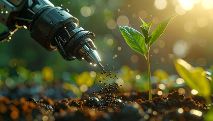 Technological Nurturing: A robot arm carefully tends a sprouting plant, symbolizing the fusion of technology and nature.