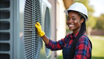 Female air conditioning tech checks outdoor unit. Woman in uniform, hardhat services cooling system. Repairwoman repairs conditioner. Pro maintenance worker provides hvac service, maintenance with