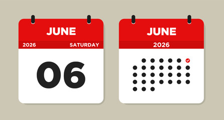 June 6 2026 (Saturday) Calendar Vector Illustration. Day calendar page with date June 06. Week Starts on Sunday. Modern Flat Calendar template icon. Checklist day calendar.