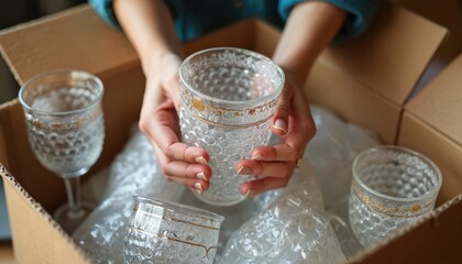 Woman carefully packs ornate fragile glassware into carton box for home relocation. Female hands wrap delicate patterned drinkware in protective bubble plastic. Organizes cherished household items