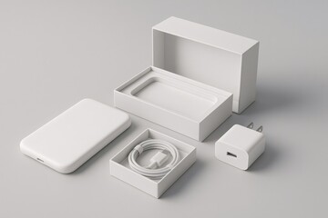 White electronic gadget, charging accessories, and open unbranded packaging boxes on a clean gray background