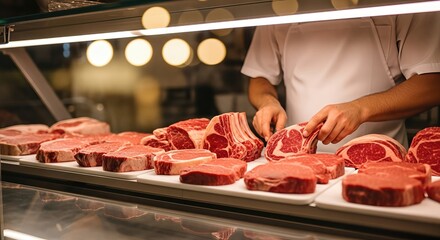 Butcher shop display showcasing various cuts of fresh meat, with a skilled butcher preparing selections, highlighting quality groceries and the art of meat preparation in a vibrant environment