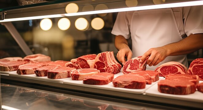 Butcher shop display showcasing various cuts of fresh meat, with a skilled butcher preparing selections, highlighting quality groceries and the art of meat preparation in a vibrant environment