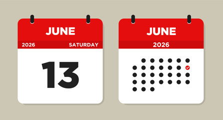 June 13 2026 (Saturday) Calendar Vector Illustration. Day calendar page with date June 13. Week Starts on Sunday. Checklist day calendar. Modern Flat Calendar template icon.