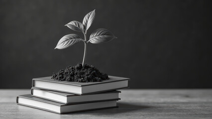 Plant growing from books symbolizes knowledge and growth, representing connection between education and nature
