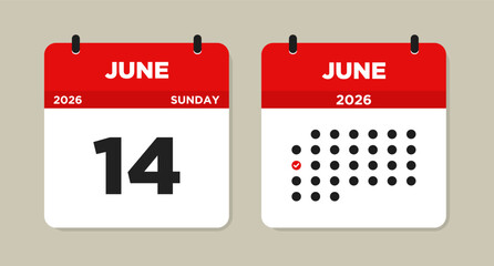June 14 2026 (Sunday) Calendar Vector Illustration. Day calendar page with date June 14. Week Starts on Sunday. Modern Flat Calendar template icon. Checklist day calendar.
