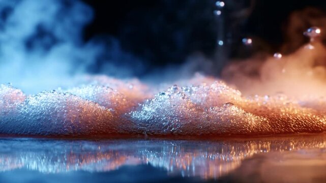 A close-up view of vibrant bubbles and colorful vapor creating a mesmerizing visual display, showcasing the beauty of the interaction between fluid textures and light reflections.