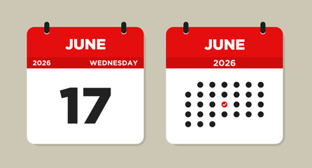 June 17 2026 (Wednesday) Calendar Vector Illustration. Day calendar page with date June 17. Week Starts on Sunday. Checklist day calendar. Modern Flat Calendar template icon.