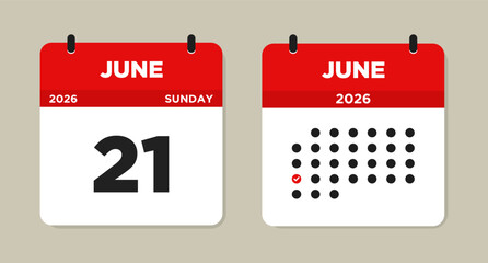 June 21 2026 (Sunday) Calendar Vector Illustration. Day calendar page with date June 21. Week Starts on Sunday. Checklist day calendar. Modern Flat Calendar template icon.