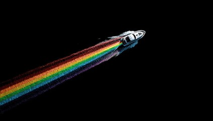 A white boat creates a rainbow wake, cutting across the black expanse. Abstract, colorful vision