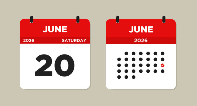 June 20 2026 (Saturday) Calendar Vector Illustration. Day calendar page with date June 20. Week Starts on Sunday. Modern Flat Calendar template icon. Checklist day calendar.