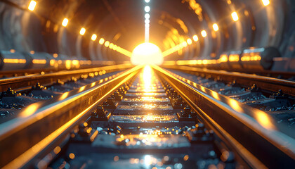 Journey's End: Railway track, illuminated by warm lights, leads towards a bright light in a tunnel. evoking a sense of anticipation and hope.