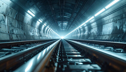 Fototapeta premium Subway Tunnel Perspective: Capturing the geometry and architectural intrigue of a subway tunnel, the image leads the eye along converging lines toward a distant light.
